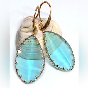 Light Aqua Blue Transparent Glass Asymmetric Teardrop Leaf Gold Tone Earrings